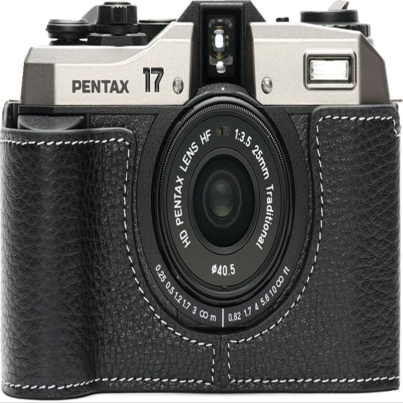 BMAOLLONGB for Pentax 17 Case, Handmade Genuine Real Leather Half Camera Case Bag Cover for Pentax 17 Film Camera With Hand Strap (Black)