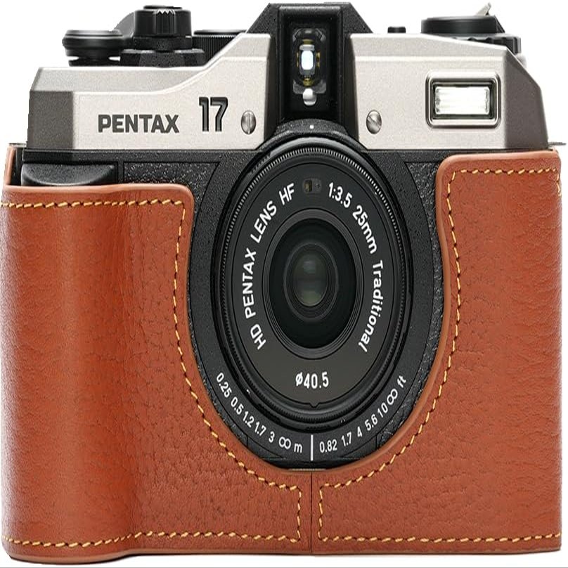 BMAOLLONGB for Pentax 17 Case, Handmade Genuine Real Leather Half Camera Case Bag Cover for Pentax 17 Film Camera With Hand Strap (Brown)