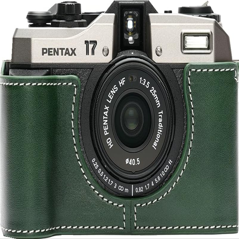 BMAOLLONGB for Pentax 17 Case, Handmade Genuine Real Leather Half Camera Case Bag Cover for Pentax 17 Film Camera With Hand Strap (Green)