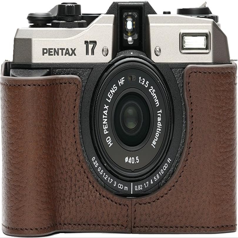 BMAOLLONGB for Pentax 17 Case, Handmade Genuine Real Leather Half Camera Case Bag Cover for Pentax 17 Film Camera With Hand Strap (Coffee)
