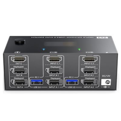 HXBER USB 3.0 KVM Switcher Two Input Three Output Three Monitor Switcher Support 8K@30Hz 4K@144Hz USB 3.0 Displayport with Wired Remote and 4 Cables Included Compatible with Mac/Windows/Linux