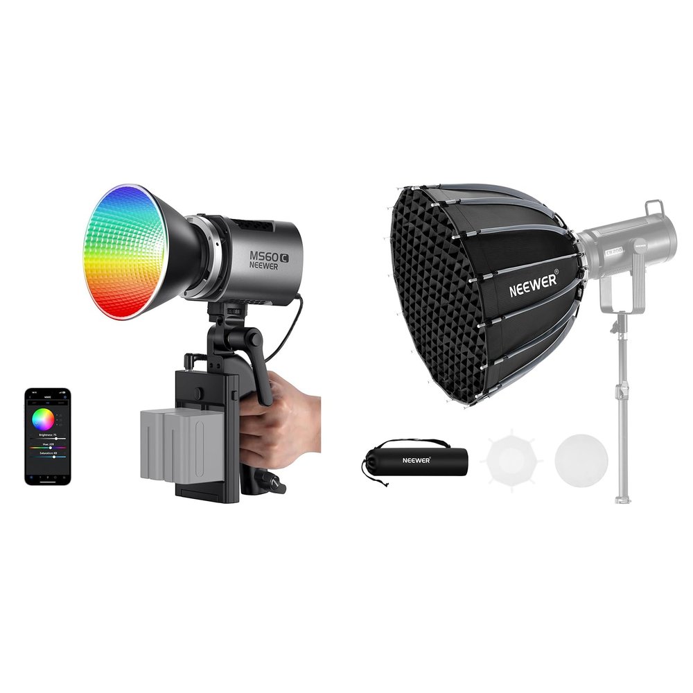 NEEWER MS60C RGBWW LED Video Light with 2.4G/APP Control and 47" Parabolic Softbox, 65W Metal Mini RGB COB Continuous Output Lighting Bowens Mount 2700K-6500K,8300lux/1m, CRI 97+/TLCI 98+,17 Effects +