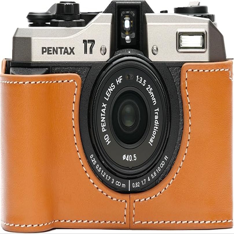 BMAOLLONGB for Pentax 17 Case, Handmade Genuine Real Leather Half Camera Case Bag Cover for Pentax 17 Film Camera With Hand Strap (Yellow)