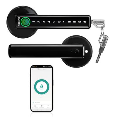 Fingerprint Door Lock, Electronic Keyless Entry Door Lock with Handle, Smart Door Knob with APP, Code, Fingerprint Biometric, Backup Key for Bedroom, Home, Hotel, Office, Apartment (Black)