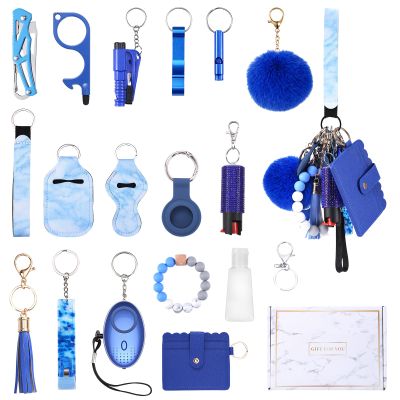 Temracha Safety Keychain Set for Women with Personal Alarm, Wristlet Strap Keychain Accessories Kit, with Card Holder and Pom Pom, Gift Set for Women and Girls (18 Pcs - Blue)