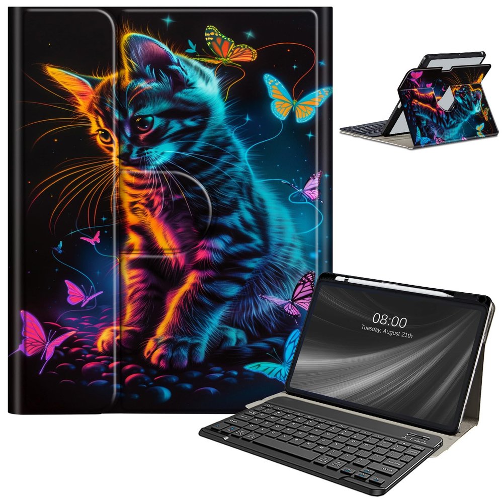 AIRWEE Keyboard Case for iPad Air 11 Inch (M2) 2024,for iPad Air 6/5/4(2024/2022/2020),for iPad Pro 11 4/3/2 Case with Keyboard and Pencil Holder,Clear Back Cover for iPad 10 Gen 2022,Neon Kitten