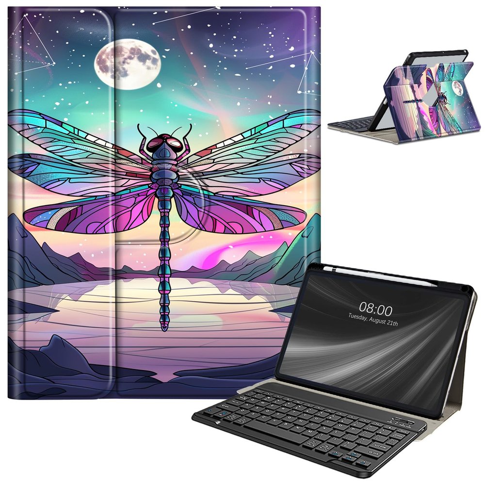 AIRWEE Keyboard Case for iPad Air 11 Inch (M2) 2024,for iPad Air 6/5/4(2024/2022/2020),for iPad Pro 11 4/3/2 Case with Keyboard and Pencil Holder,Clear Back Cover for iPad 10 Gen 2022,Moon Dragonfly
