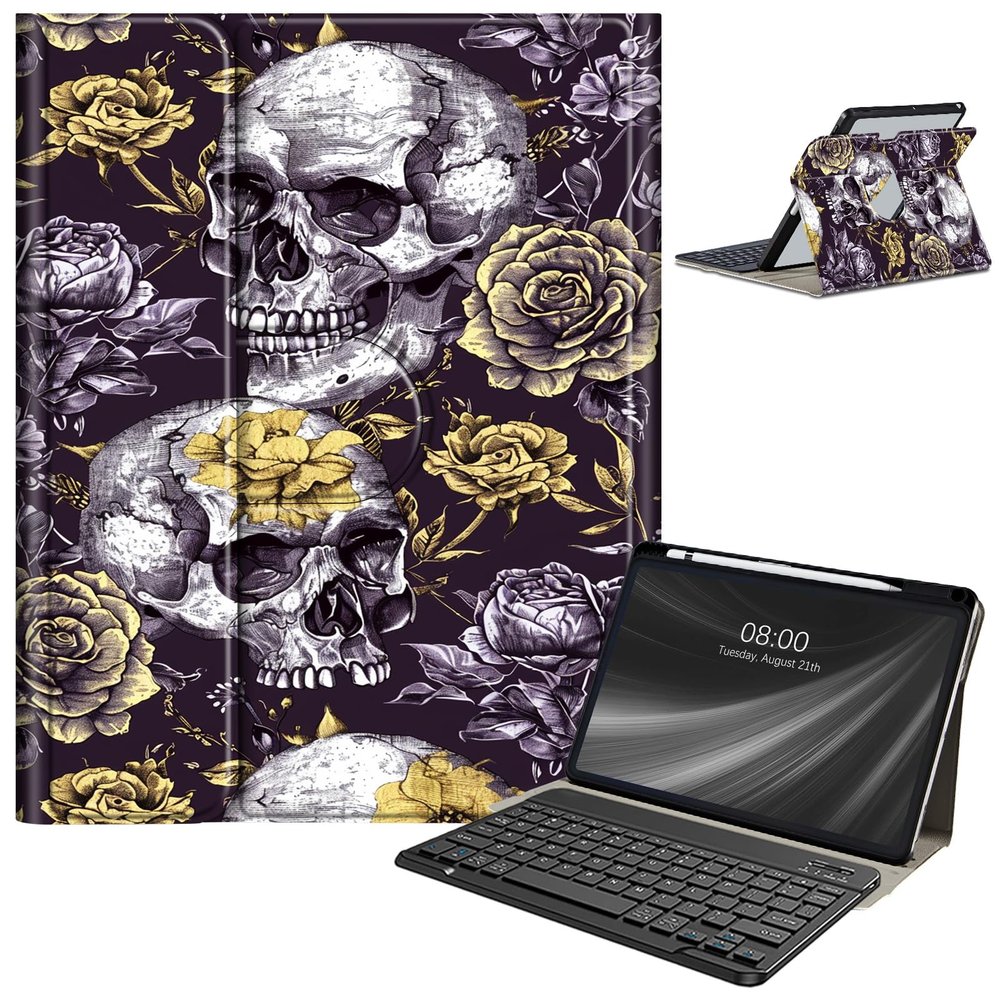 AIRWEE Keyboard Case for iPad Air 11 Inch (M2) 2024,for iPad Air 6/5/4(2024/2022/2020),for iPad Pro 11 4/3/2 Case with Keyboard and Pencil Holder,Clear Back Cover for iPad 10 Gen 2022,Skull Flower