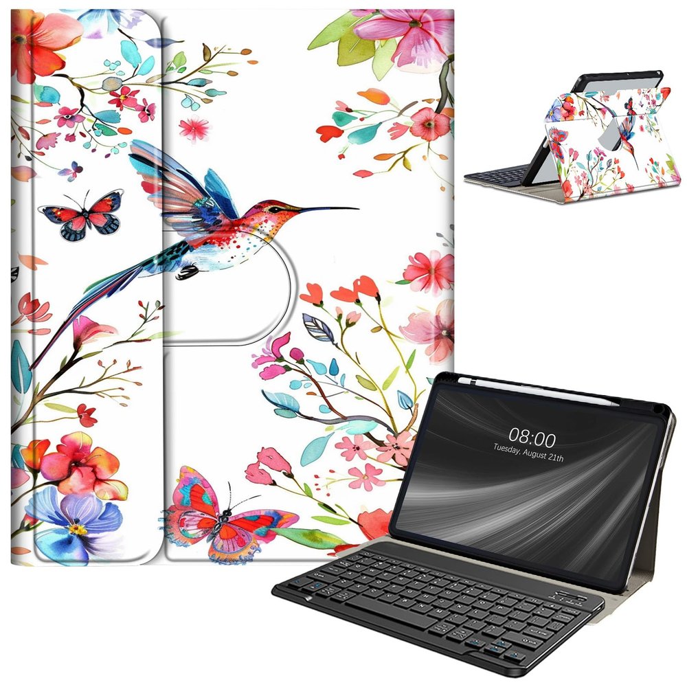 AIRWEE Keyboard Case for iPad Air 11 Inch (M2) 2024,for iPad Air 6/5/4(2024/2022/2020),for iPad Pro 11 4/3/2 Case with Keyboard and Pencil Holder,Clear Back Cover for iPad 10 Gen 2022,Bird Flowers