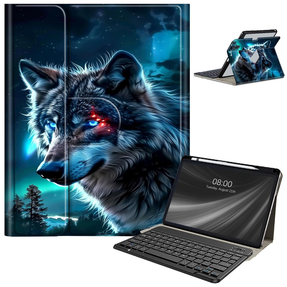 AIRWEE Keyboard Case for iPad Air 11 Inch (M2) 2024,for iPad Air 6/5/4(2024/2022/2020),for iPad Pro 11 4/3/2 Case with Keyboard and Pencil Holder,Clear Back Cover for iPad 10 Gen 2022,Angry Blue Wolf