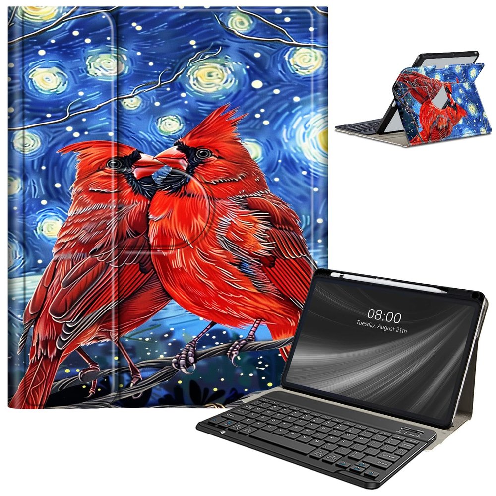 AIRWEE Keyboard Case for iPad Air 11 Inch (M2) 2024,for iPad Air 6/5/4(2024/2022/2020),for iPad Pro 11 4/3/2 Case with Keyboard and Pencil Holder,Clear Back Cover for iPad 10 Gen 2022,Red Birds