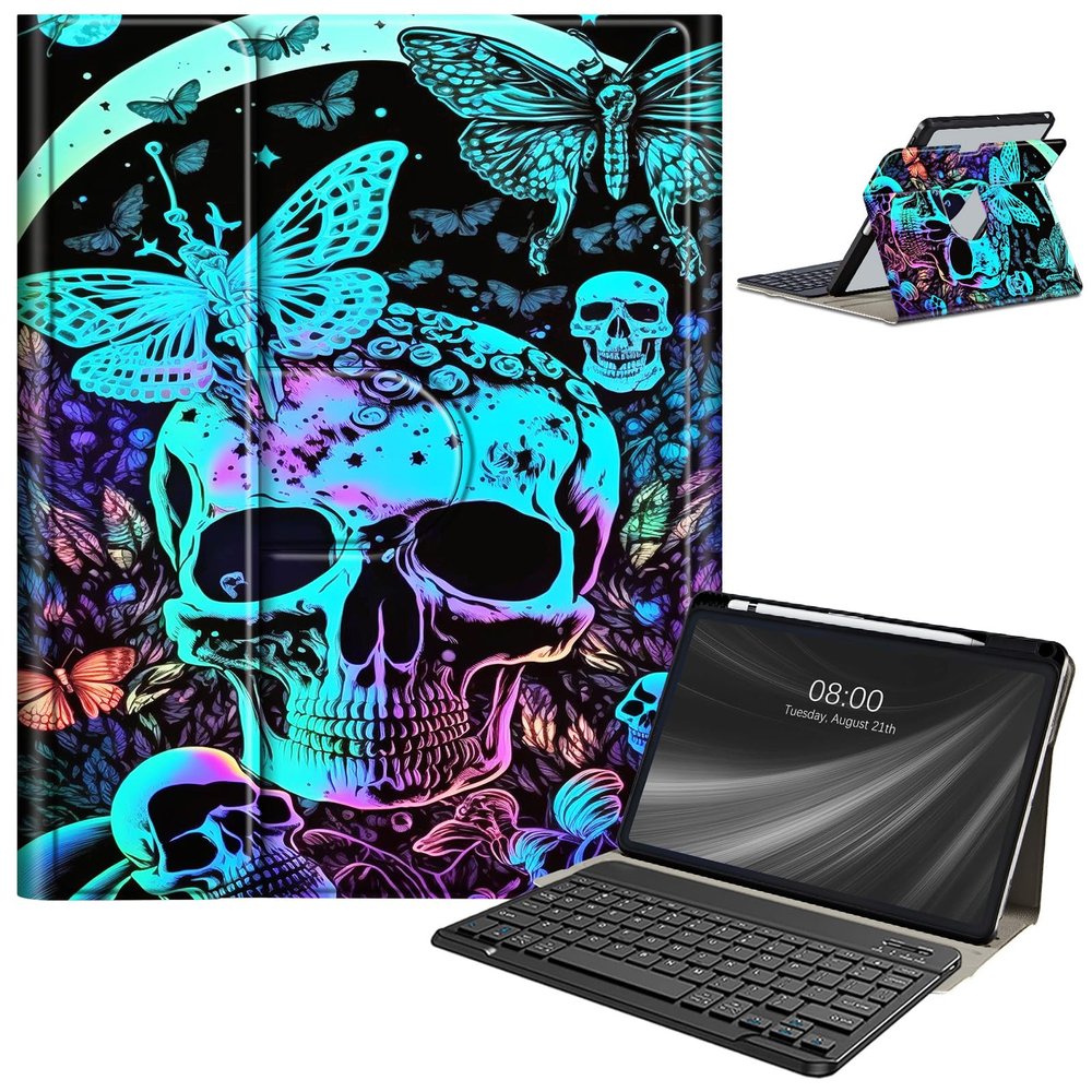 AIRWEE Keyboard Case for iPad Air 11 Inch (M2) 2024,for iPad Air 6/5/4(2024/2022/2020),for iPad Pro 11 4/3/2 Case with Keyboard and Pencil Holder,Clear Back Cover for iPad 10 Gen 2022,Blue Skull Moon