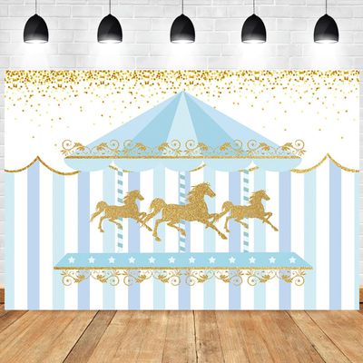 10x6.5ft Carousel Backdrop Blue Stripe Tent Gold Sequins Photography Background Boys Kids Birthday Newborn Baby Shower Party Banner Decorations Supplies Photo Booth Props