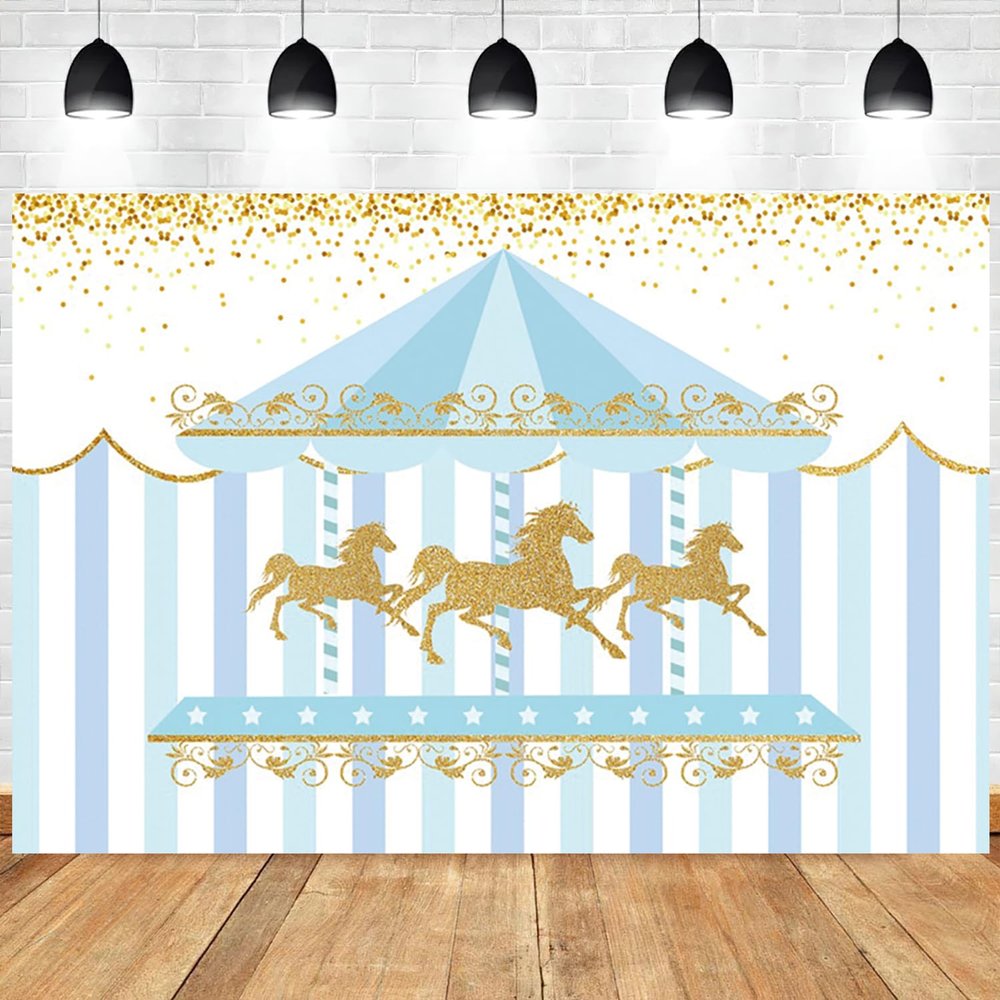 10x6.5ft Carousel Backdrop Blue Stripe Tent Gold Sequins Photography Background Boys Kids Birthday Newborn Baby Shower Party Banner Decorations Supplies Photo Booth Props
