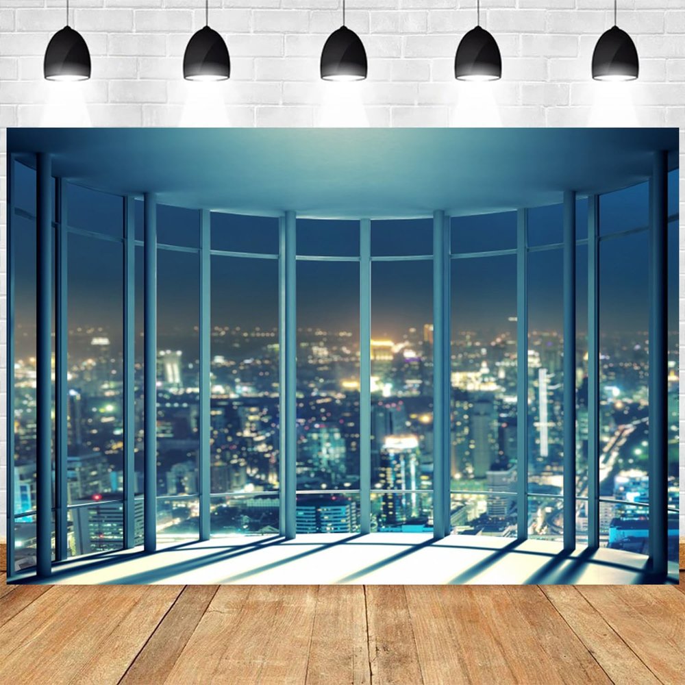 10x6.5ft City Landscape Backdrop Window Outside Night View Photography Background Modern Buildings New York Skyline Banner Decorations Business Office Wallpaper Photo Booth Props