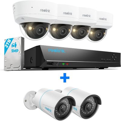 Reolink 5MP Security Camera System, 4pcs IK10 Vandalproof PoE Cams Outdoor, 130 Ultra Wide Angle, Color Night Vision, Smart AI Detection, 8CH NVR 2TB HDD, RLK8-500V4 Bundle with 2pcs RLC-510A