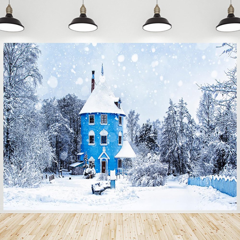 CRTPOD Winter Backdrop Finland Blue House Famous Building Snowy Pine Forest Snowflake Background Photography Banner for Portraits Christmas New Year Party Decorations Photo Photobooth Props 20x10ft
