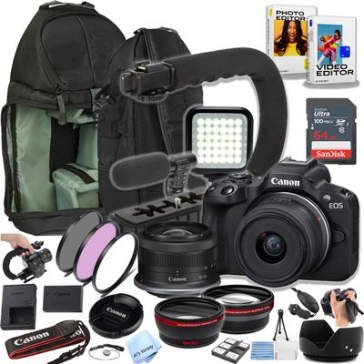 Canon EOS R50 24.2MP Mirrorless Camera with 18-45mm Lens, 64GB Ultra Memory Card, Video Light, Microphone, Filters, U-Grip, Case, Lenses, Software and More (Content Creator Bundle) (Renewed)