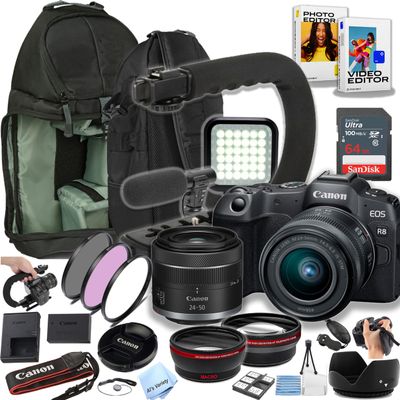 Canon EOS R8 24.2MP Mirrorless Camera with 24-50mm Lens, 64GB Ultra Memory Card, Video Light, Microphone, Filters, U-Grip, Case, Lenses, Software and More (Content Creator Bundle) (Renewed)