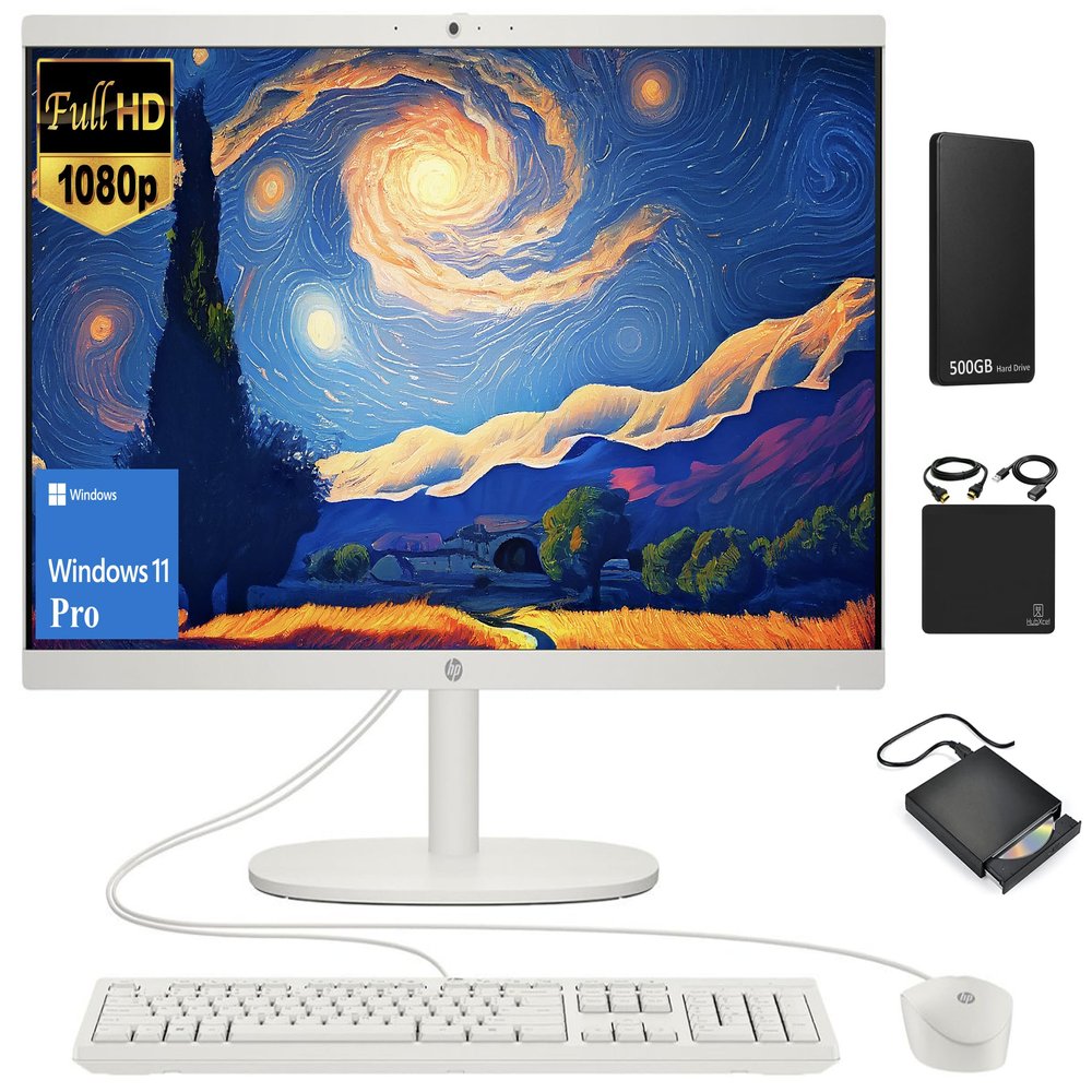HP All-in-One Desktop Computer 2024, 21.5" FHD Display,32GB RAM, 1.5TB Storage (1TB SSD+500GB External Drive), Intel Celeron Processor, Webcam, RJ-45, Keyboard & Mouse, Marxsol-DVD +/-RW, Win 11 Pro