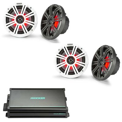 KICKER Marine Amplifier Speaker Bundle 6.5" LED Speaker (2 Pair) with 4 Channel Amp