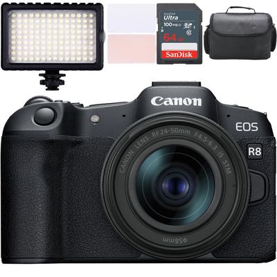 Canon EOS R8 Mirrorless Camera w/Canon RF 24-50mm f/4.5-6.3 is STM Lens + LED Video Light + Camera Case + 64GB Memory (12pc Bundle) (Renewed)