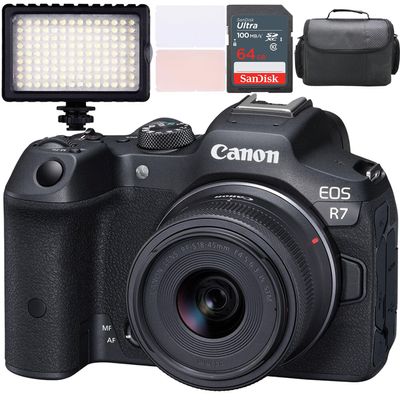 Canon EOS R7 Mirrorless Camera w/Canon RF-S 18-45mm f/4.5-6.3 is STM Lens + LED Video Light + Camera Case + 64GB Memory (13pc Bundle) (Renewed)