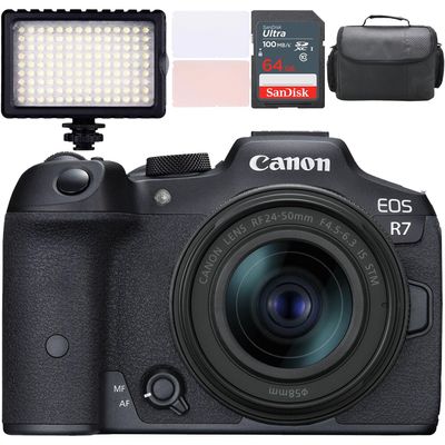 Canon EOS R7 Mirrorless Camera w/Canon RF 24-50mm f/4.5-6.3 is STM Lens + LED Video Light + Camera Case + 64GB Memory (13pc Bundle) (Renewed)