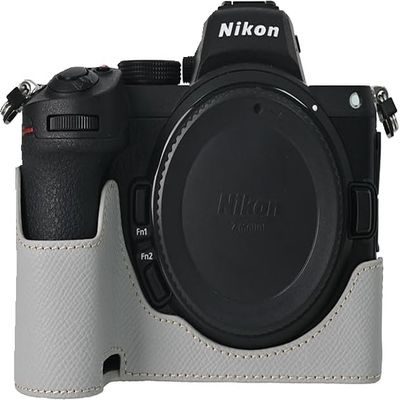 BMAOLLONGB Z5 II/Z6 II Case, Handmade Genuine Real Leather Half Camera Case Bag Cover for Nikon Z5 II/Z6 II Bottom Opening Version With Neck And Hand Strap (White)