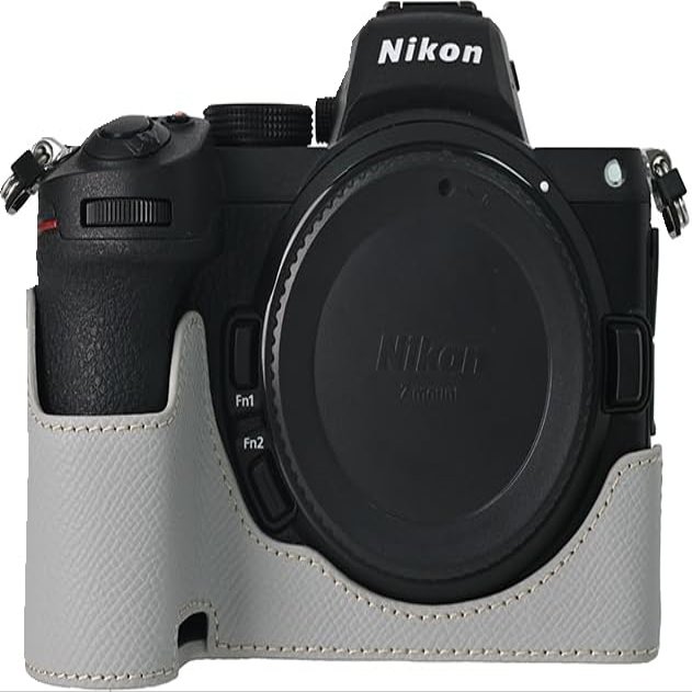 BMAOLLONGB Z5 II/Z6 II Case, Handmade Genuine Real Leather Half Camera Case Bag Cover for Nikon Z5 II/Z6 II Bottom Opening Version With Neck And Hand Strap (White)