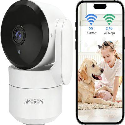 AMOROM 2K Pan-Tilt Indoor Security Camera, 360 Pet/Dog Monitoring, Motion Tracking, Night Vision, 2-Way Audio, Motion Alerts, Compatible with Alexa & Google Assistant (2.4GHz & 5GHz)
