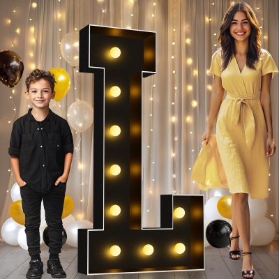 Pooqla 4 FT Marquee Light Up Letters, Black Marquee Letter Lights 4 Feet Tall for Birthday Decoration, Big Mosaic Letters Sign for Balloons Party Anniversary Wedding Decorations, Giant Warm White L