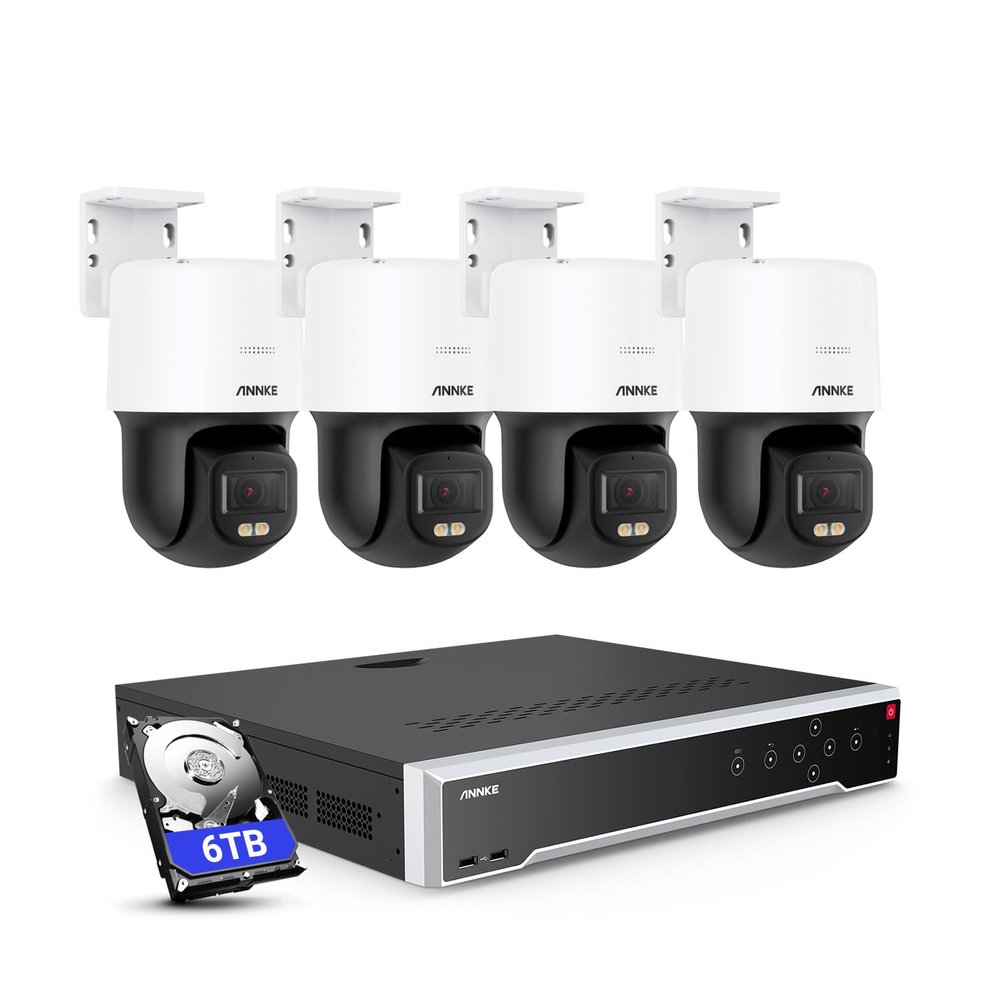 ANNKE 3K Security Camera System with PT Auto-Tracking, 4pcs 340Pan 105Tilt PoE Cameras Home Surveillance Wired Outdoor, 32CH H.265+ NVR, 2-Way Audio, Color Night Vision,(6TB HDD Included)