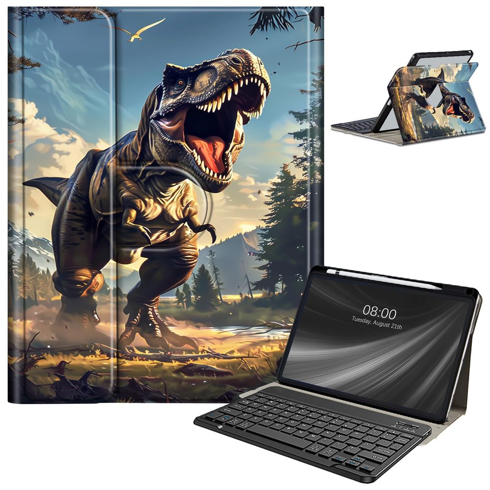 AIRWEE Keyboard Case for iPad Pro 12.9 inch 6th Generation 2022,for iPad Pro 12.9" 5th Gen 2021/4th Gen 2020 Case with Keyboard & Pencil Holder,Clear Rotate Stand for iPad 12.9 Pro Case,Dinosaur