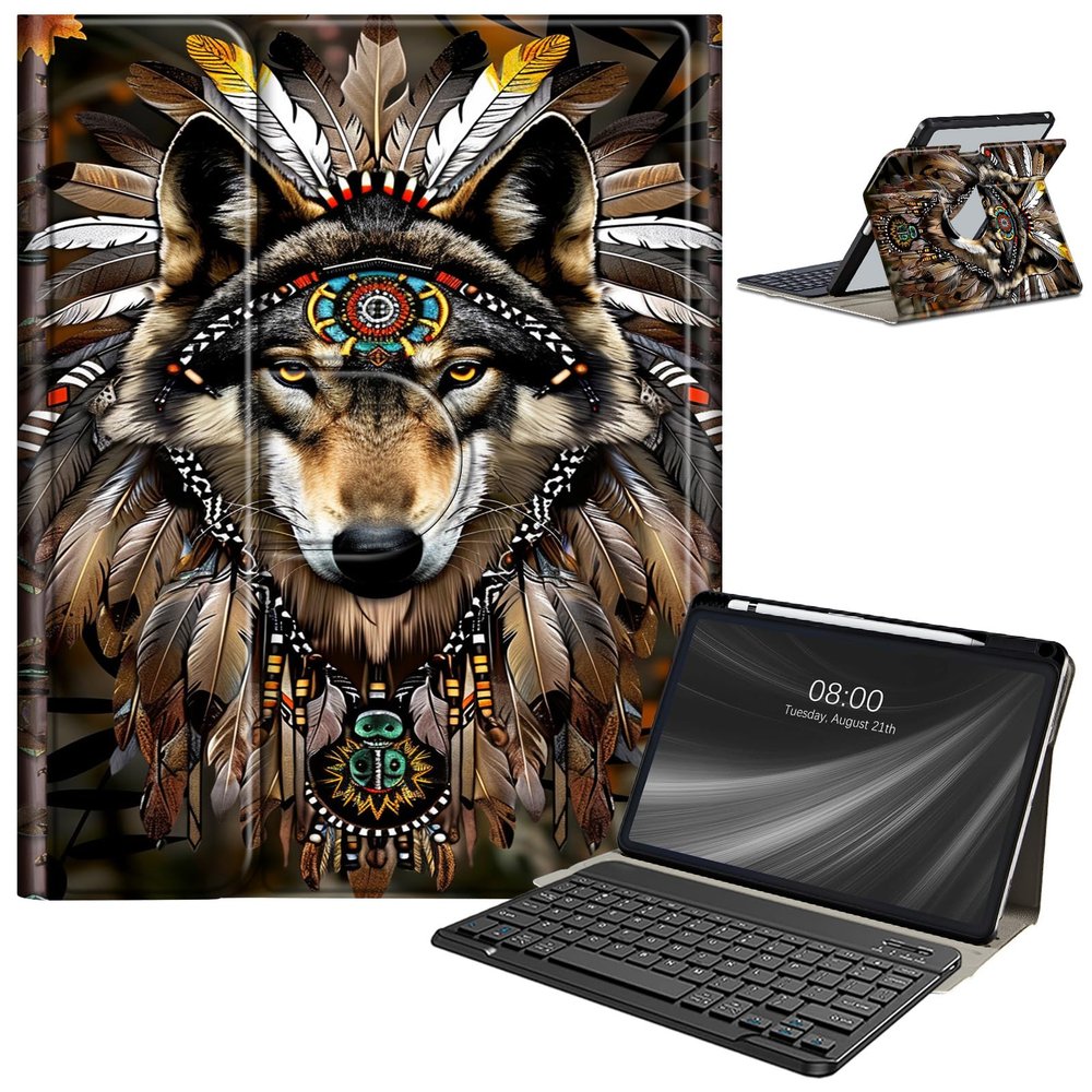 AIRWEE Keyboard Case for iPad Pro 12.9 inch 6th Generation 2022,for iPad Pro 12.9" 5th Gen 2021/4th Gen 2020 Case with Keyboard & Pencil Holder,Clear Rotate Stand for iPad 12.9 Pro Case,Indian Wolf