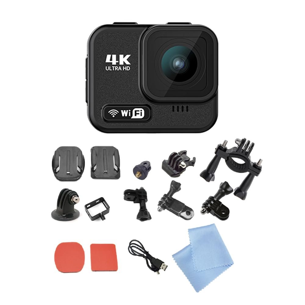 Camnoon 4K WiFi Mini Sports Camera with 2.1 Inch Touch Control Screen 170 Wide Angle Lens Anti-Shake 21M Body Waterproof Built-in Battery with Mounting Accessories Kit for Diving Surfing Skiing