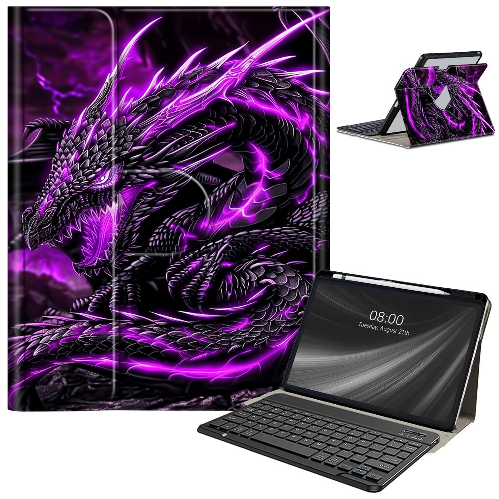 Keyboard Case for iPad Pro 12.9 inch 6th Generation 2022,for iPad Pro 12.9" 5th Gen 2021/4th Gen 2020 Case with Keyboard & Pencil Holder,Clear Rotate Stand for iPad 12.9 Pro Case,Black Purple Dragon