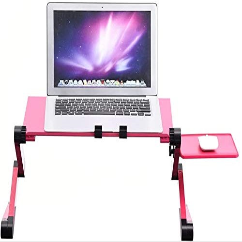 Adjustable Laptop Bed Table, Foldable Portable Laptop Desk Laptop Stand Computer Table Stand Book Holder Light Weight Notebook Desk Workstation with Cooling Fan and Removable Mouse Tray (Rose Red)