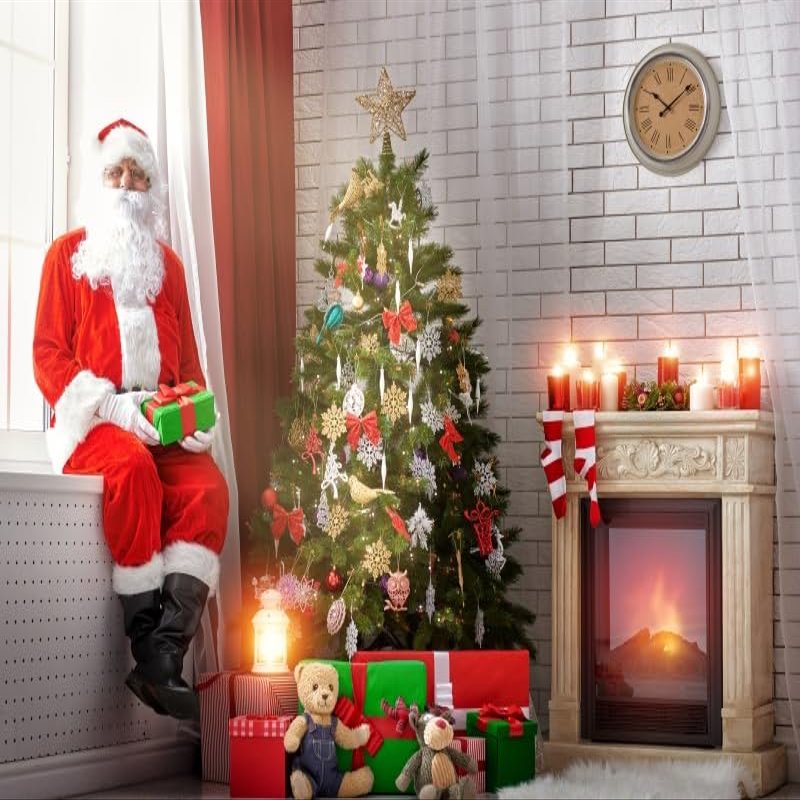 10x8ft Christmas Backdrop Santa Claus Fireplace Photography Background Xmas Tree Christmas Boxes Backdrop Socks Decorations for Xmas Party Banner Photo Background Pictures Shot Props