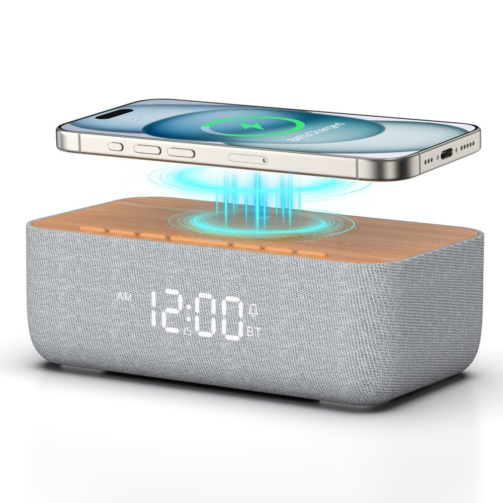 REACHER Alarm Clock Radio with Wireless Charging, Fast Magnetic Charging for Phone/iPhone, Bluetooth Speaker, FM Radio, Dimmable Digital Clock for College Dorm, Bedroom, Bedside, Desk