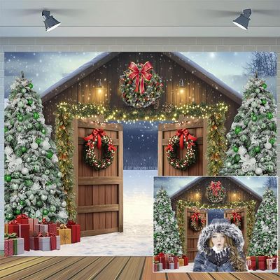 10x8ft Christmas Barn Door Photography Backdrop Winter Barn Xmas Tree Snow Background Xmas Festival Party Banner for Family Holiday Party Decor Banner Kids Adults Portrait Photo Booth Shoot Props