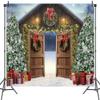 10x8ft Christmas Barn Door Photography Backdrop Winter Barn Xmas Tree Snow Background Xmas Festival Party Banner for Family Holiday Party Decor Banner Kids Adults Portrait Photo Booth Shoot Props view 3