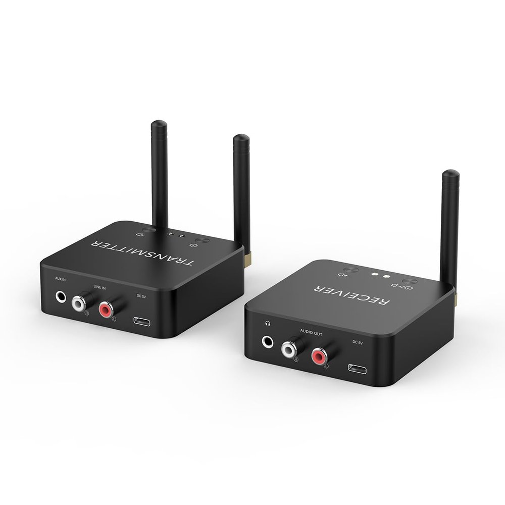 5.8GHz&5.2GHz Dual-Band Wireless Audio Transmitter Receiver for TV/PC, 160ft Long Range 0.018s Low Latency with Built-in 2.4G Bluetooth 5.3 Receiver, Wireless Adapter Kit with RCA(3.5mm) Out/Input