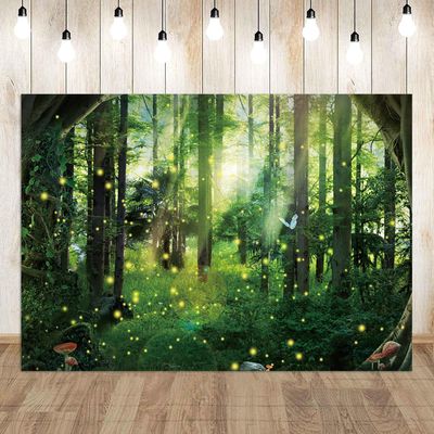 15x8ft Enchanted Forest Backdrop Tree Green Grass Glitter Sunlight Background for Girls Birthday Party Newborn Baby Shower Kids Children Portrait Wall Hanging Decor Photo Booth Prop
