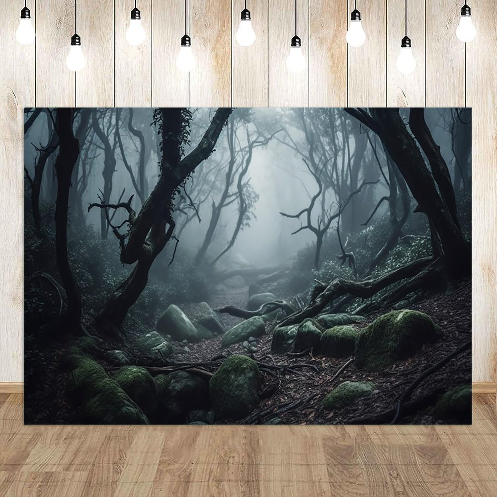 12x10ft Foggy Forest Backdrop Scary Spooky Forest Stone Bare Trees Halloween Party Background Birthday Newborn Baby Shower Kids Adult Portrait Wall Hanging Decor Photo Booth Prop
