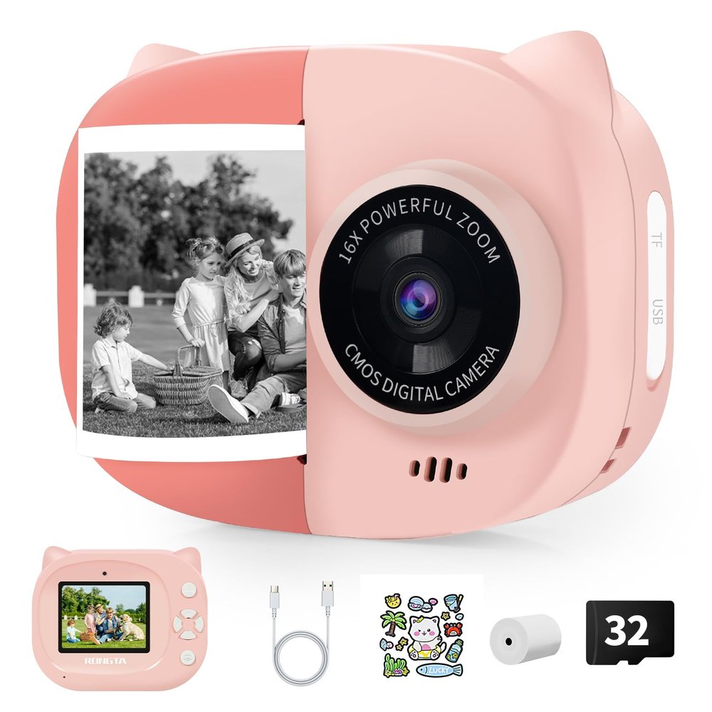 Rongta Kids Camera Instant Print, 1080P Kids Instant Cameras that Print Photos, Christmas Birthday Gifts for Girls Age 3-12, Video Camera Portable Toy for 3 4 5 6 7 8 9 10 Year Old Kids Girls(Pink)