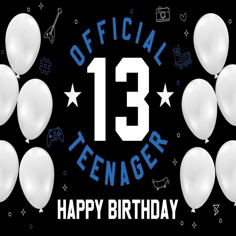 Pnylzzyxh Happy 13th Birthday Backdrop Official Teenager 13 Birthday Party Decoration Background for Boys Girls White Balloon 13 Years Old Birthday Party Cake Table Banner Studio Props 15x8ft