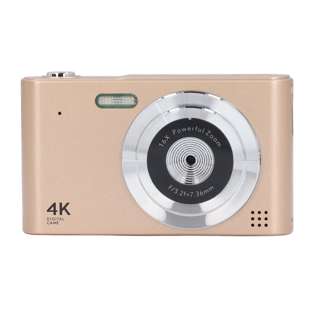 PUSOKEI 4K Digital Camera, HD 16MP 16X Digital Zoom, Auto Focus, Macro Function, Portable CCD Camera with LED Flashlight, Camera for Travel Students Teens (Gold)