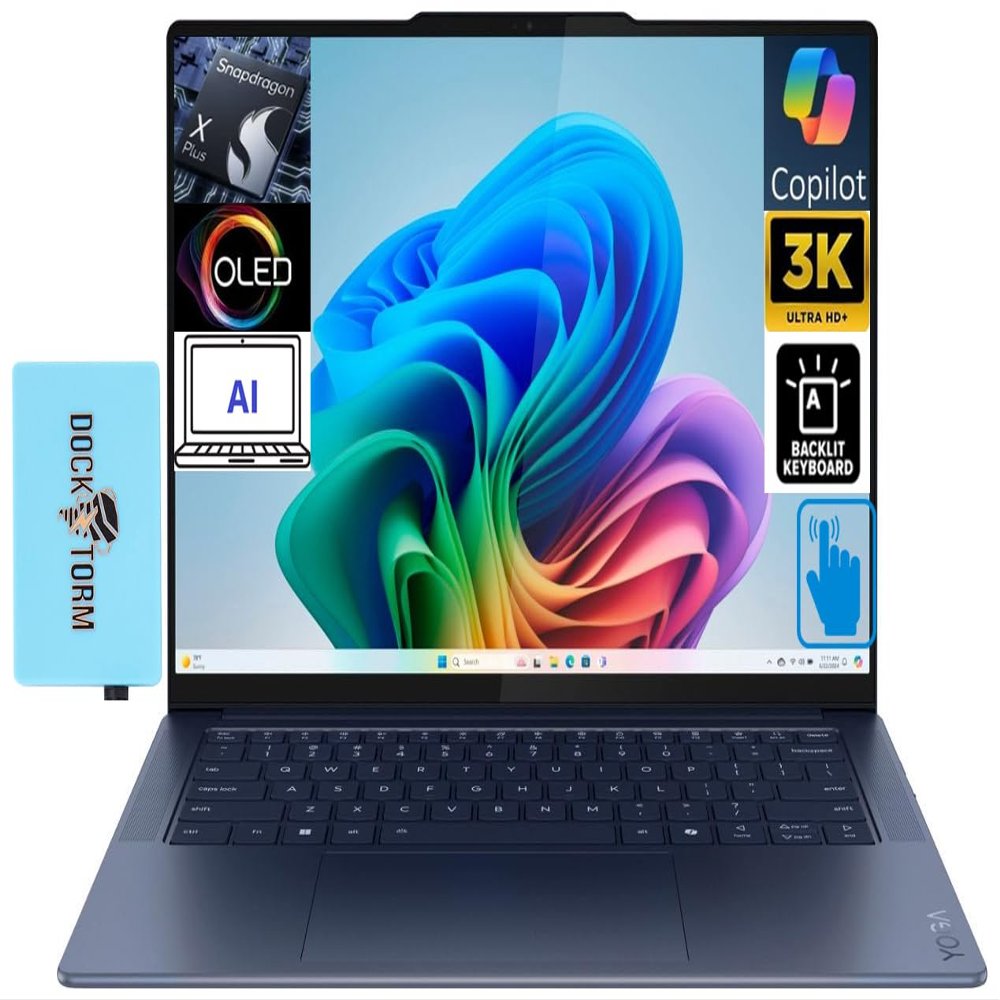 Lenovo Yoga Slim 7X Copilot PC Laptop 14.5" Touchscreen OLED 3K 1000 nits Display (Snapdragon X Elite X1E-78-100, 16GB LPDDR5X, 512GB SSD, Backlit KB, WiFi 7, Win 11 Pro) w/DKZ USB Port Expander