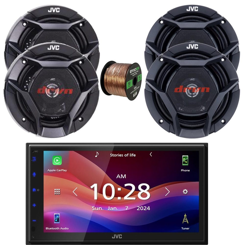 JVC KW-M590BT Double DIN 6.8" Capacitive Touchscreen Digital Media Bluetooth USB/AM/FM Radio Receiver, 2X 6.75 300W 2-Way Shallow Mount Coaxial Speakers, 2X 6.5 300W 2-Way Car Audio Speakers W/Wire